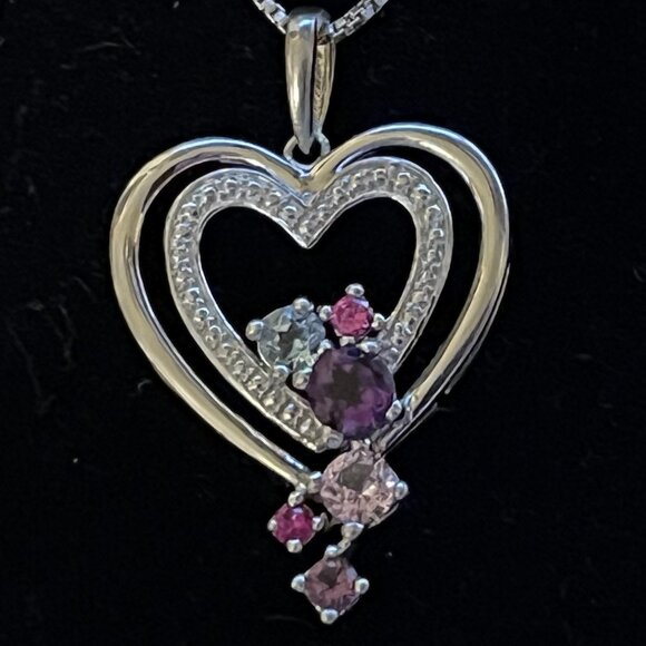 Jewelry - Sterling Silver Double Open Heart Pendant w/ Multicolor Sapphires & 18" Chain
